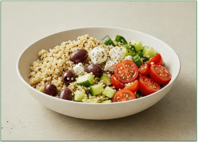 A Medterranean-inspired quinoa bowl with fresh vegetables and feta cheese.