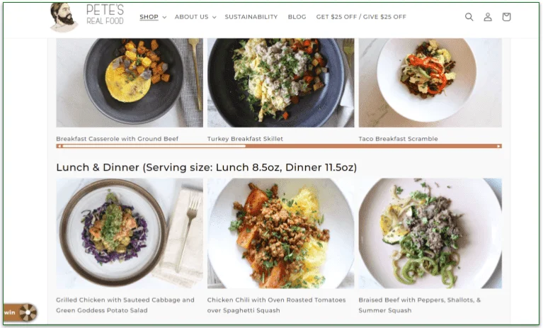 Meal options on Pete's Real Food menu