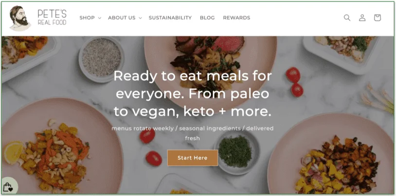 The Pete's Real Food homepage displaying a "Start Here" button
