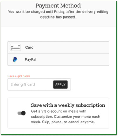 Screenshot of Territory Foods Payment Method page