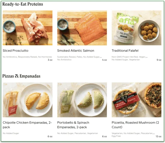 Screenshot of a portion of Sunbasket's marketplace menu