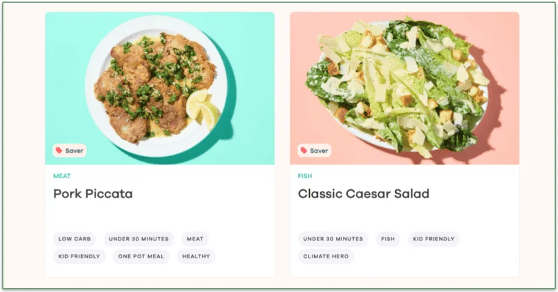 Screenshot of 2 meals in Dinnerly's saver range
