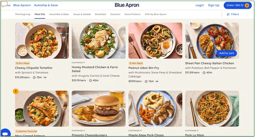 Blue Apron menu with meals added to cart