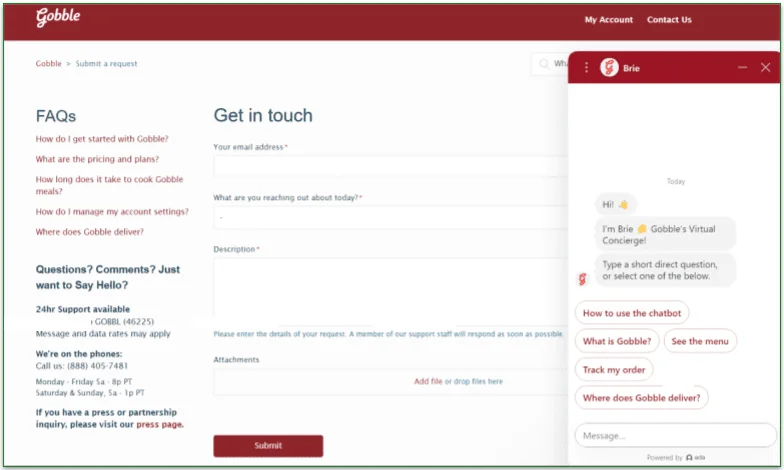 Gobble's contact page with chat pop up