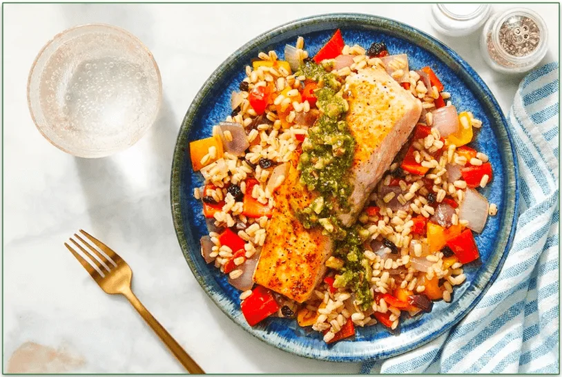 Blue Apron's Seared Salmon & Walnut-Cilantro Sauce with Vegetable Barley