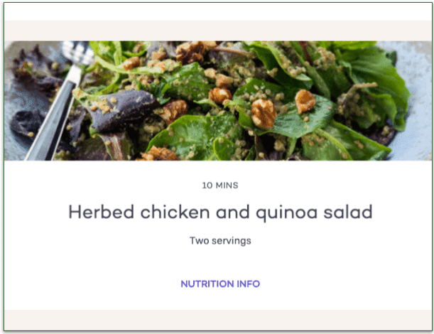 Screenshot of PlateJoy's 10-minute Herbed chicken quinoa salad