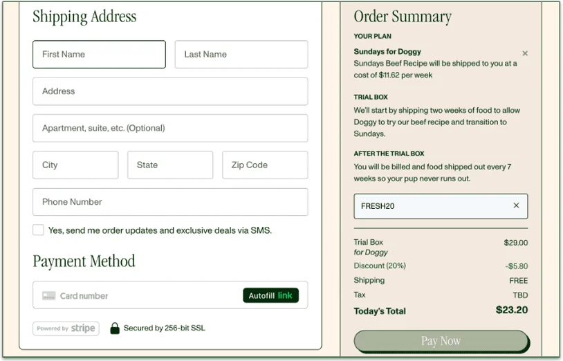 Sunday's turkey meal with the current discount code showing