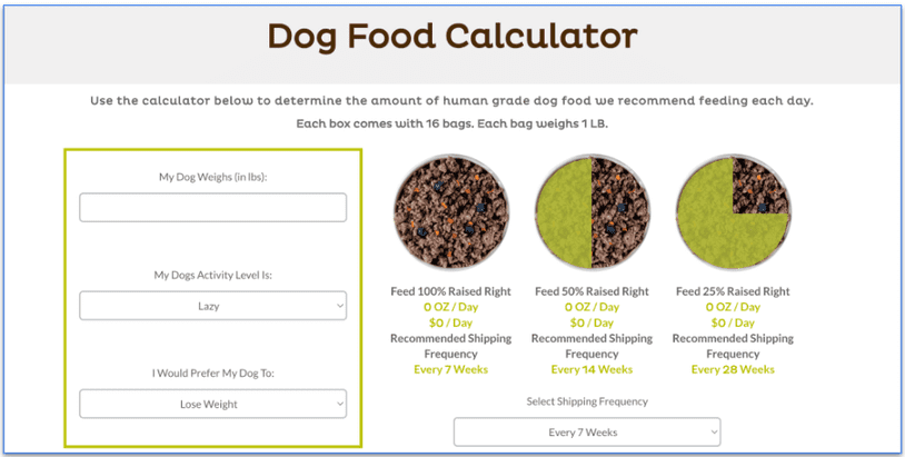 A custom plan showing dog food calculator