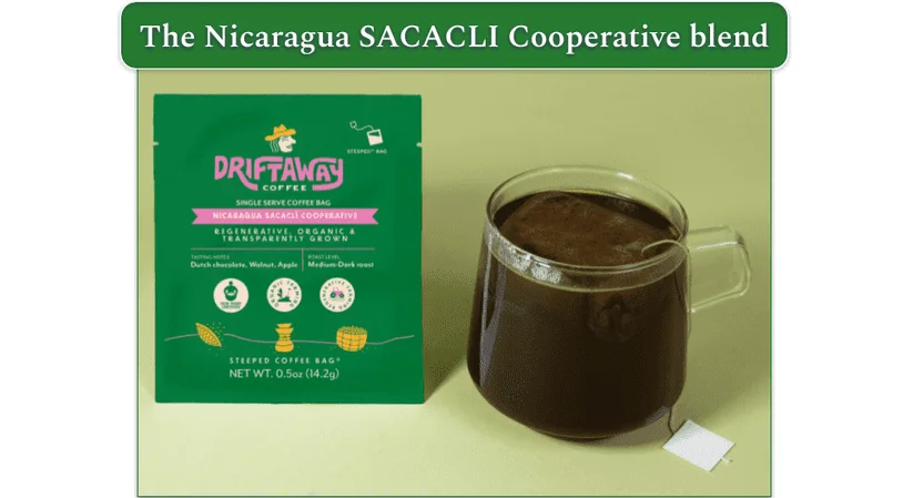 The Nicaragua SACACLI Cooperative blend in a single-serve coffee bag