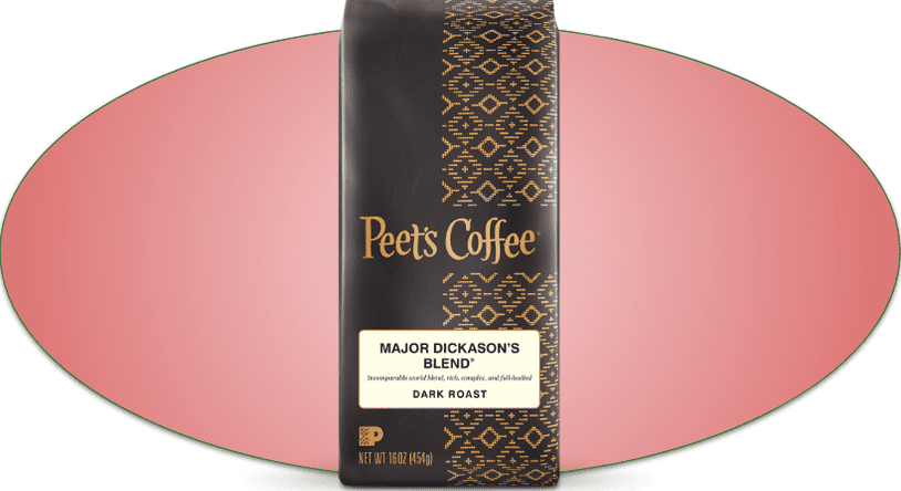 Major Dickason's Blend in black packaging with a pink oval background