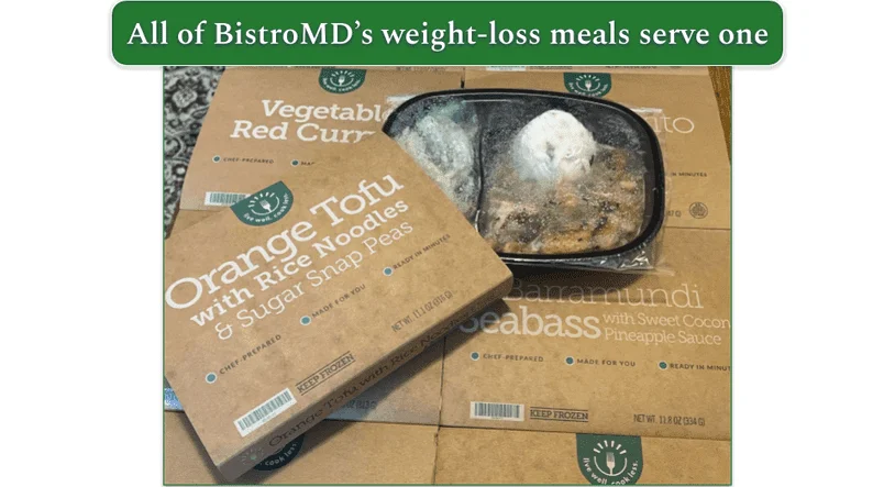 Spread of BistroMD meals in their trays with Orange Tofu on the top