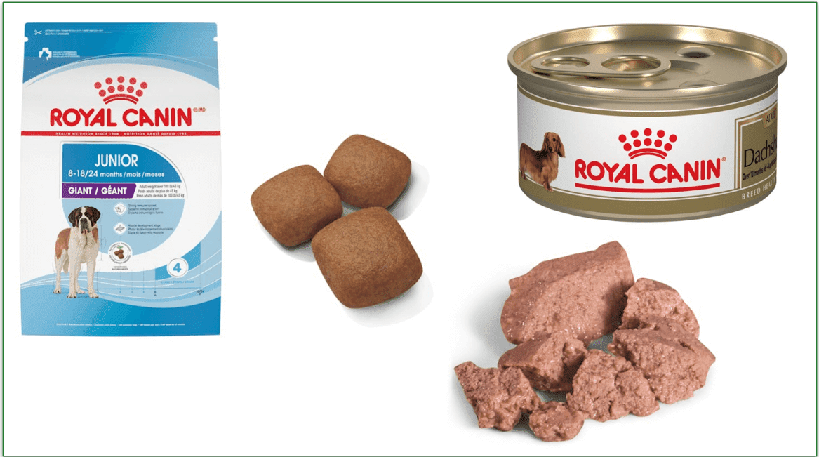 Image of 2 Royal Canin products in dry and wet textures