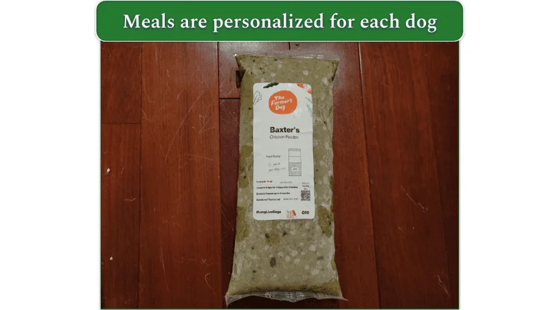 TFD’s chicken meal with the dog’s name, Baxter, on the front