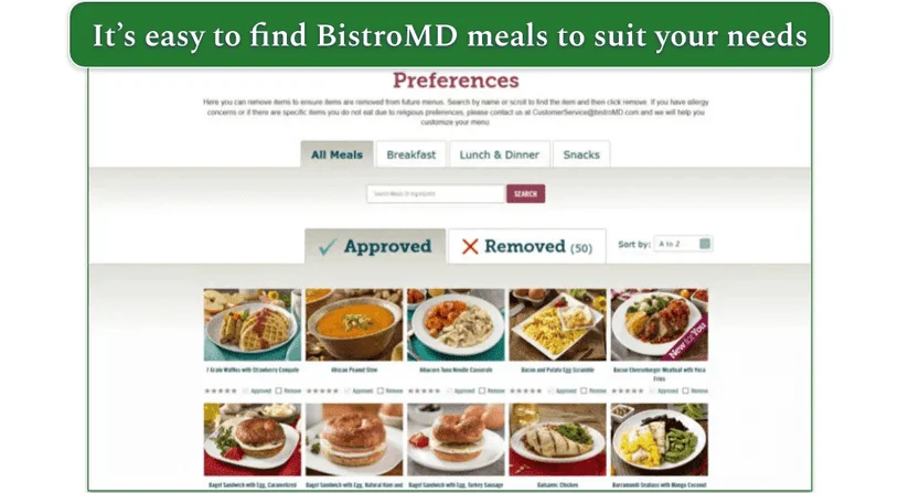 BistroMD's menu preferences page