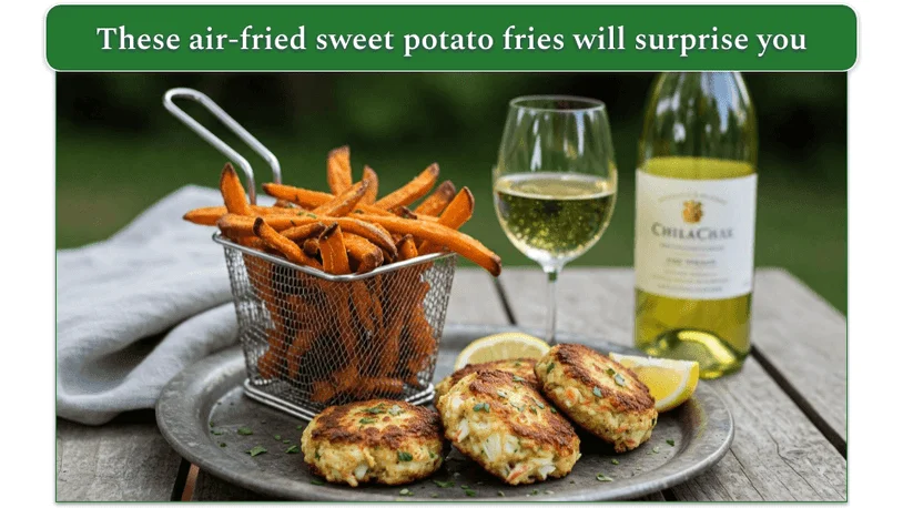 A basket of sweet potato fries and some crab cakes on a plate beside a wine glass and a bottle wine.