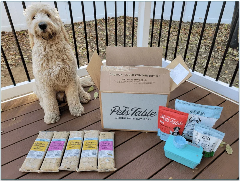 A Goldendoodle next to an unboxed The Pets Table delivery box on a front porch