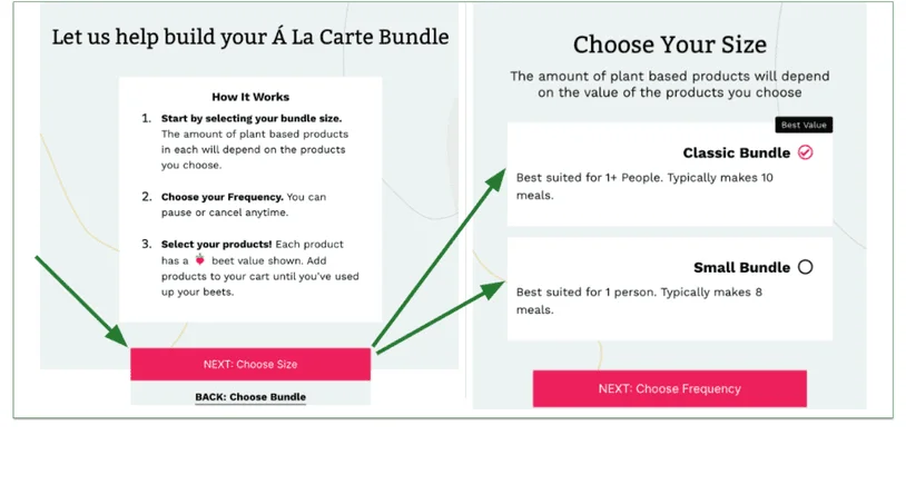 The à la carte bundle size selection page during signup