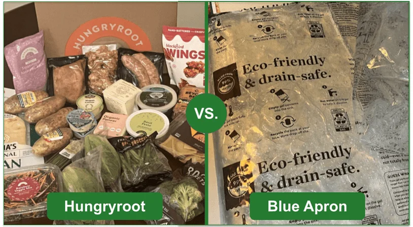 A photo comparing Hungryroot's and Blue Apron's package recyclability.