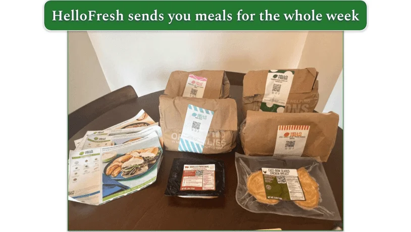 A shipment of HelloFresh meals displayed on a table