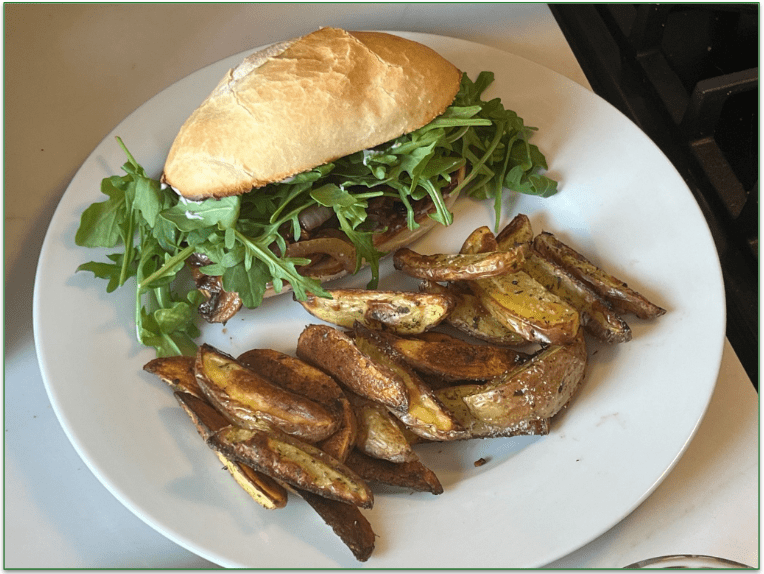 Vegan mushroom french-dip sandwich as prepared by our reviewer
