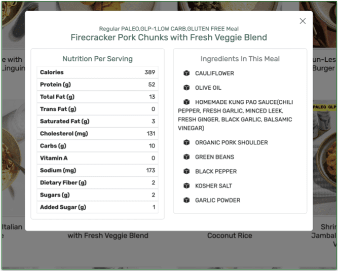 screengrab of forkful's nutrition facts for firecracker pork recipe