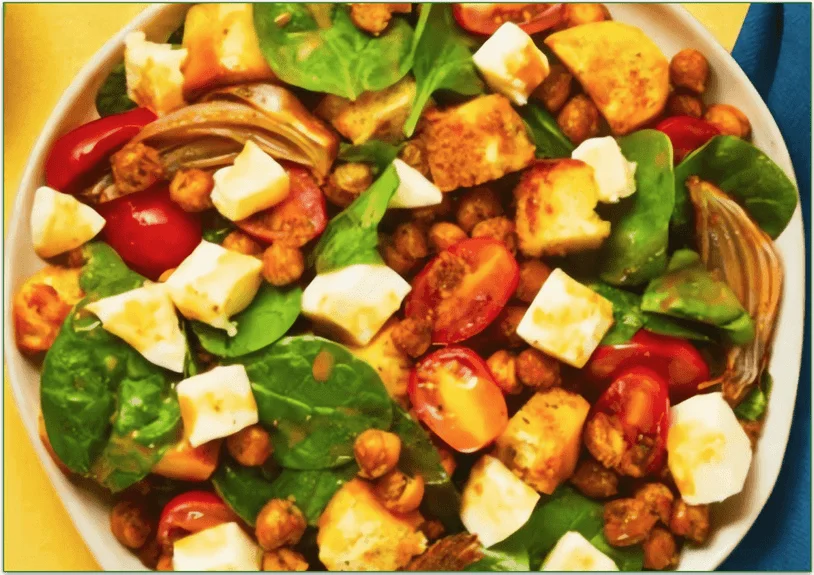 screenshot of HelloFresh's Spinach Caprese Salad with Herbed Chickpeas, Caramelized Onion & Balsamic Vinaigrette