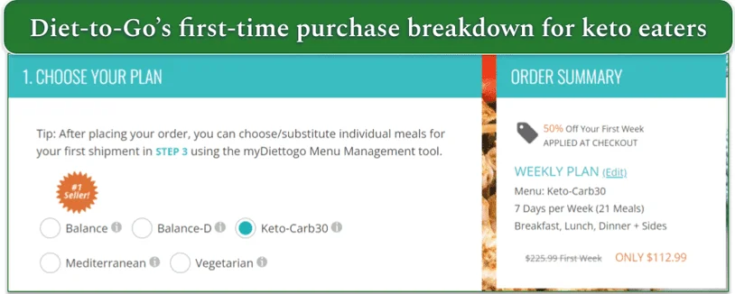 Diet to Go's cost breakdown for the 1st-time Keto-Carb30 plan order