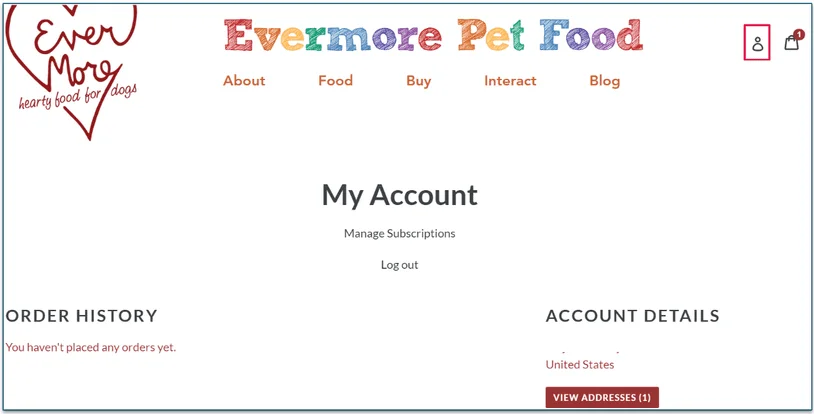 My Account page on the Evermore website