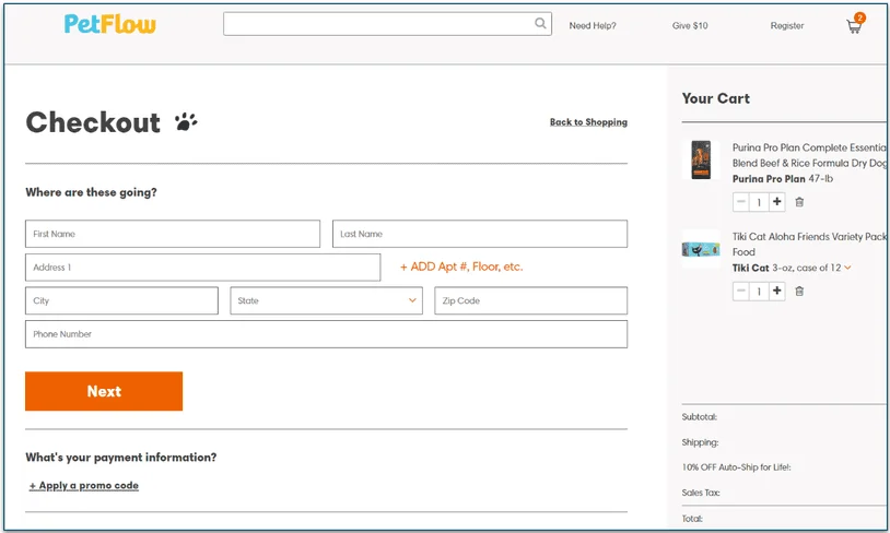 Checkout screen on PetFlow