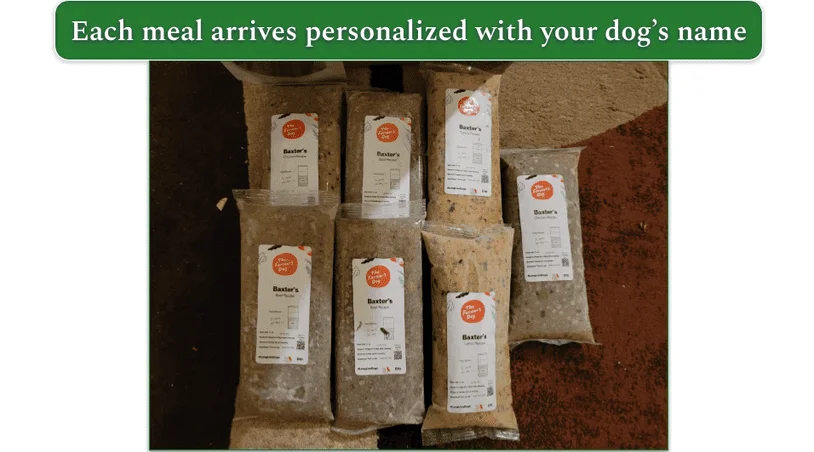 The Farmer’s Dog packaged meals labeled with Baxter’s name