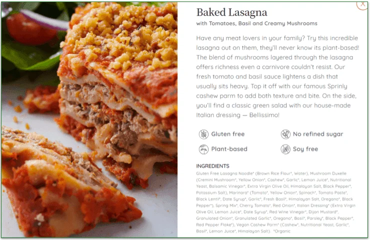 Screenshot of the Baked Lasagna dish with allergy icons