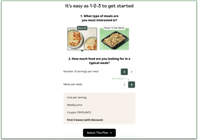 screenshot of meal types and number of meals screen on Purple Carrot's sign up process
