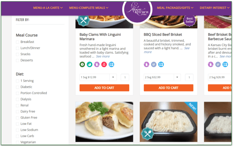 Magic Kitchen's menu with filters