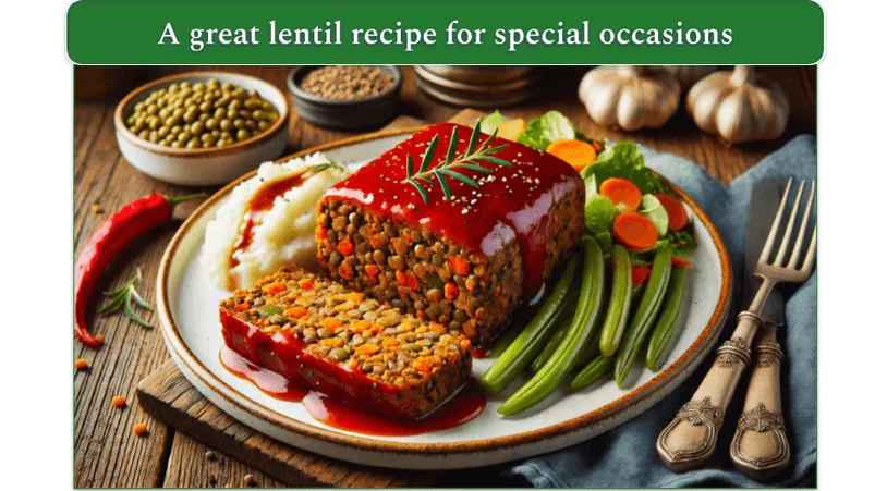 Lentil loaf served with veggies and mashed potato