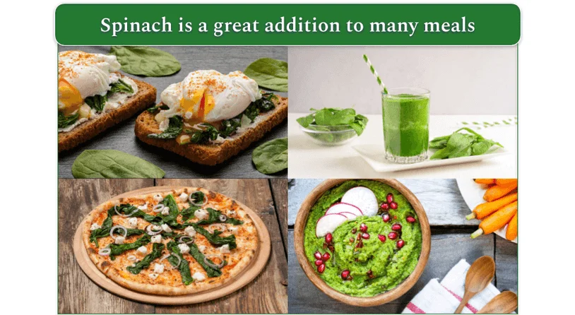 spinach being shown as an addition to eggs, smoothie, pizza and hummus