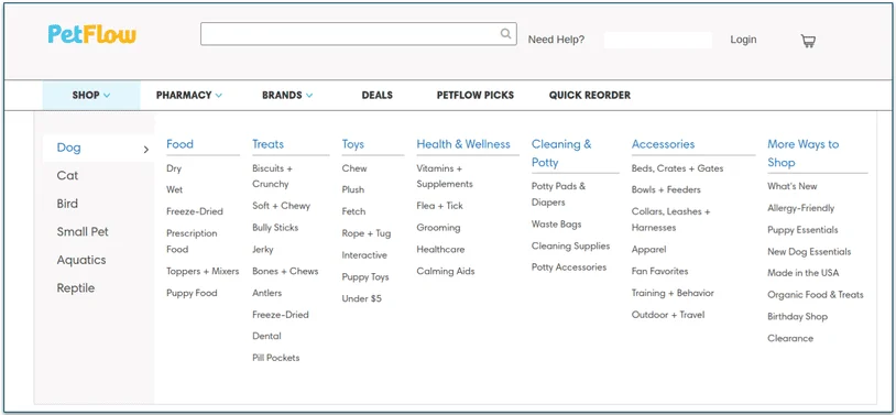 PetFlow's home page with shopping options