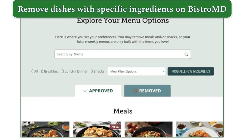 BistroMD's menu with approved and removed dishes in the customer account page