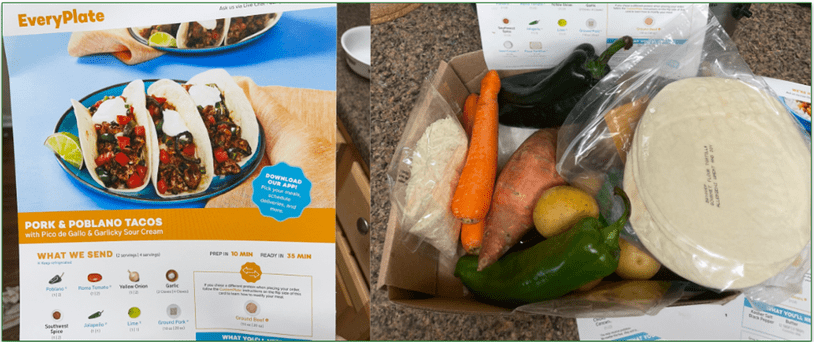 2 images of an EveryPlate recipe card and an open delivery box side by side