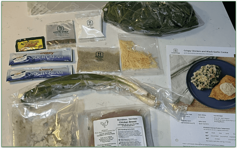 Photo of all the packaged ingredients set out from one of the Fresh and Easy recipes from Home Chef