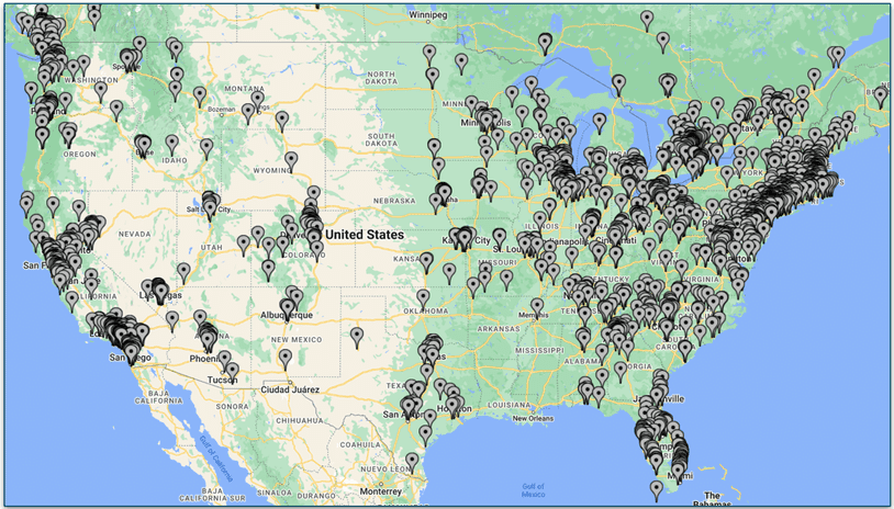 A US map showing locations of Raised Right's brick and mortar partners