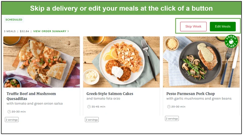 <span>You can stick with your recommended meals, change them up, or skip the week altogether</span><br>