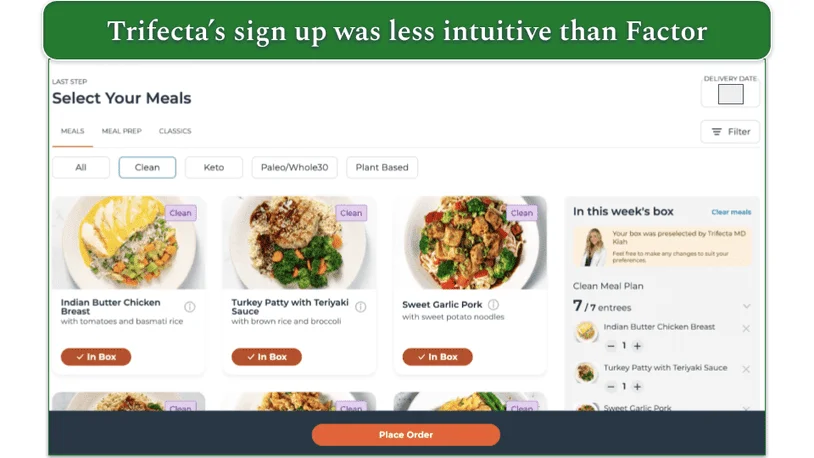 Trifecta's meal selection screen at sign up