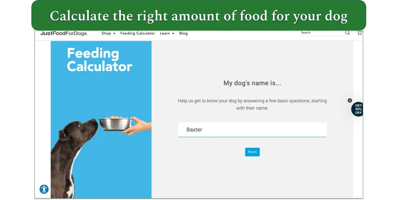Screenshot of the first page of JustFoodForDog’s feeding calculator