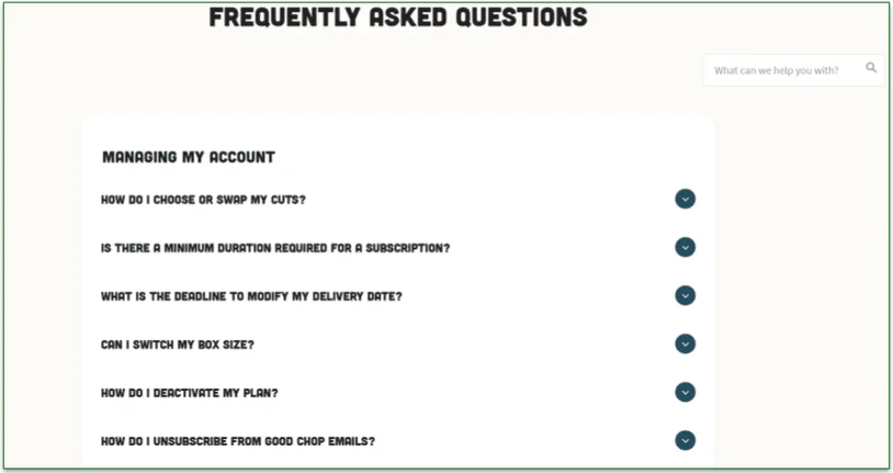 Good Chop's Managing My Account page in the FAQs