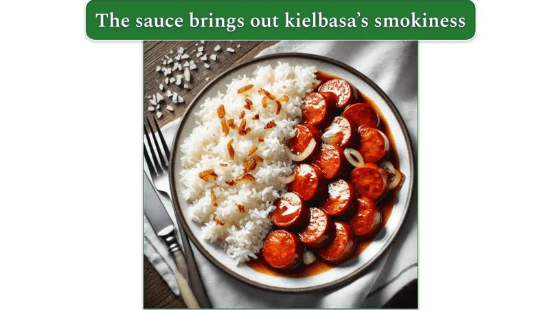 Smoked Kielbasa with Rice on a plate