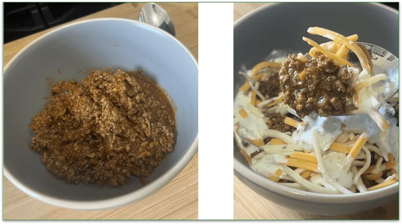 Photo of a bowl of meat-based chili next to a photo of the added cheese and sour cream toppings and a spoonful held towards the camera