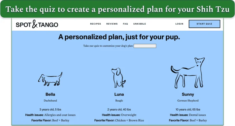 Screenshot of Spot & Tango’s website showing 3 plans for different breeds