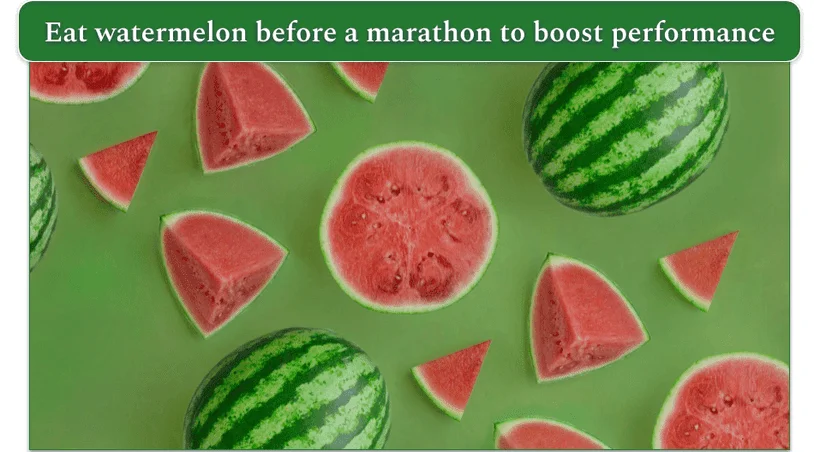 An image shows cut watermelon in pieces of different shapes and sizes accompanied by two whole watermelons.