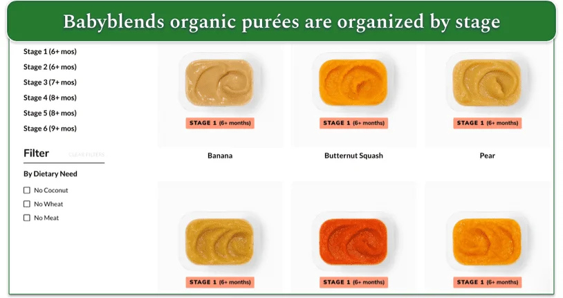 Screenshot of stage 1 babyblends menu from Little Spoon