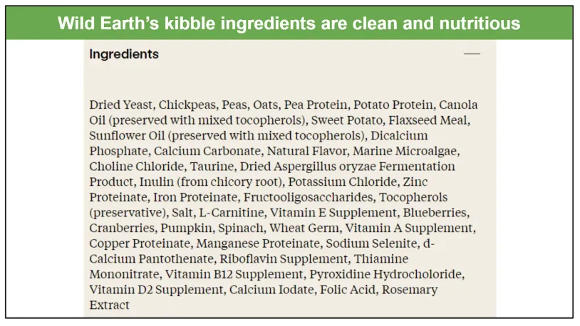 Wild Earth's kibble ingredients